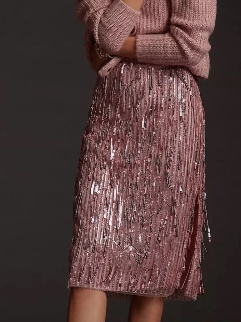 Anthropologie Maeve Fringed Pink Sequined Midi Skirt